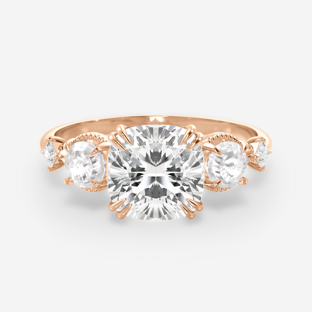 2.0 Carats Rose Cut Cushion Shape Moissanite Five Stone Engagement Ring