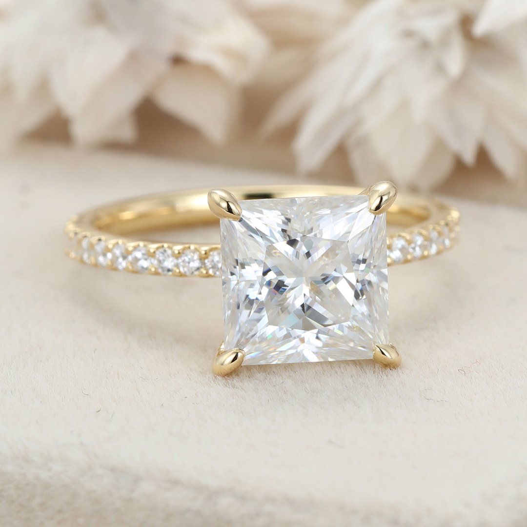 3.0 Carats Princess Shape Moissanite Hidden Halo & Pave Engagement Ring
