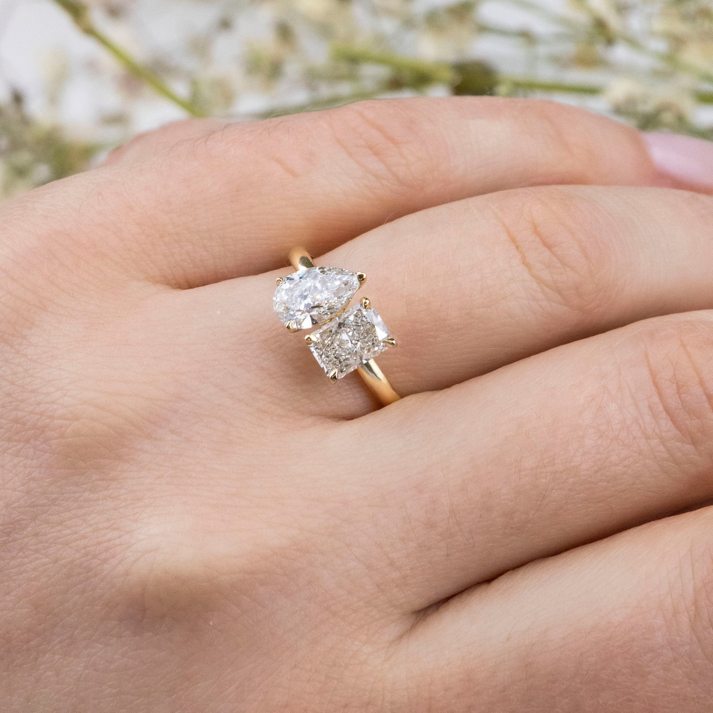 2.0 Carats Pear & Emerald Shape Moissanite Two Stone Engagement Ring