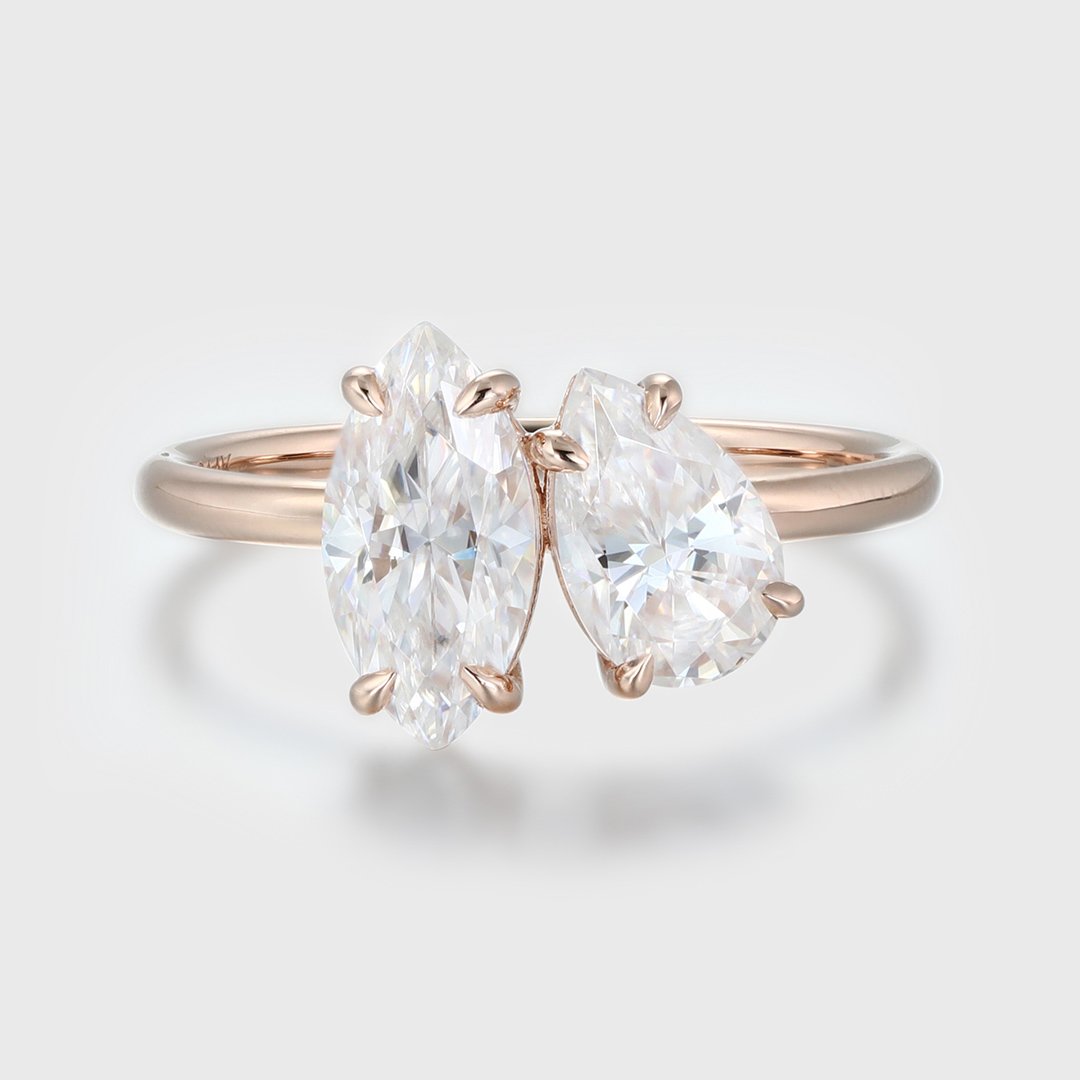 2.0 Carats Pear & Marquise Shape Moissanite Two Stone Engagement Ring