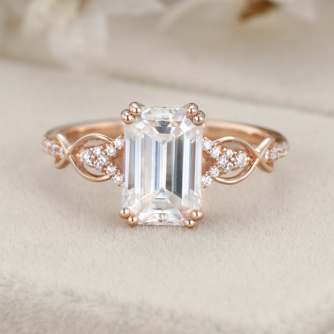 2.0 Carats Emerald Shape Moissanite Vintage Pave Engagement Ring