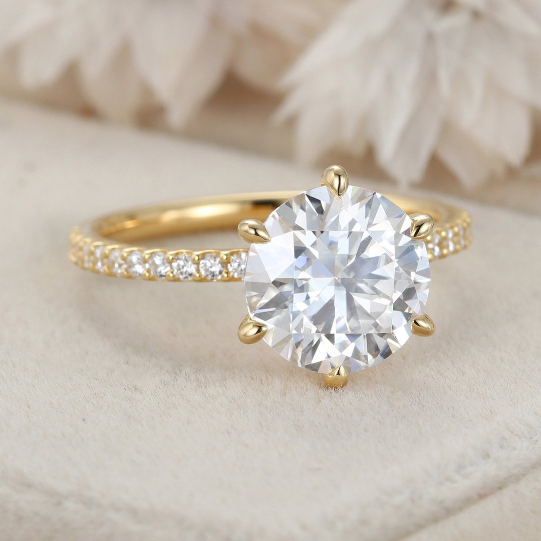 3.0 Carats Round Shape Moissanite Hidden Halo & Pave Engagement Ring