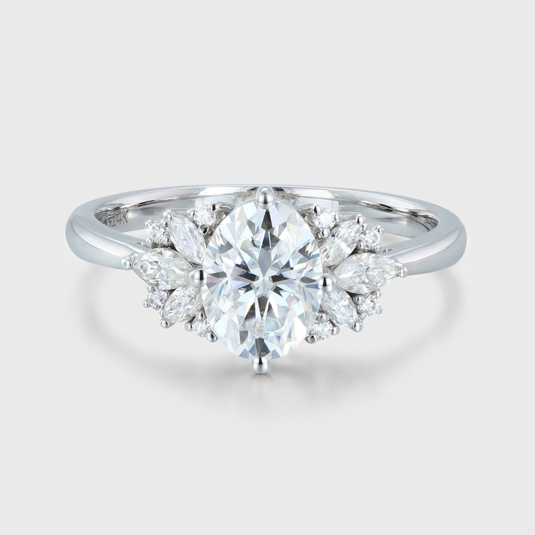2.0 Carats Oval Shape Moissanite Cluster Engagement Ring