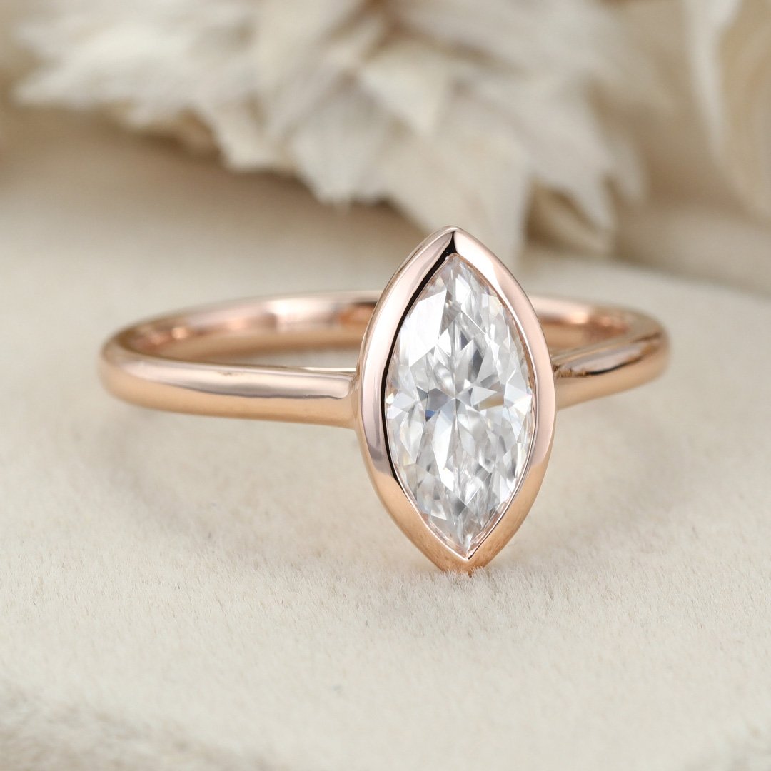 1.0 Carats Marquise Shape Moissanite Bezel Solitaire Engagement Ring