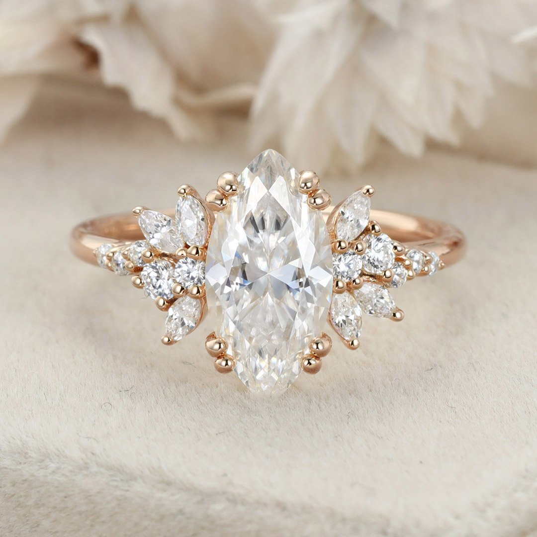 1.70 Carats Marquise Shape Moissanite Cluster Engagement Ring