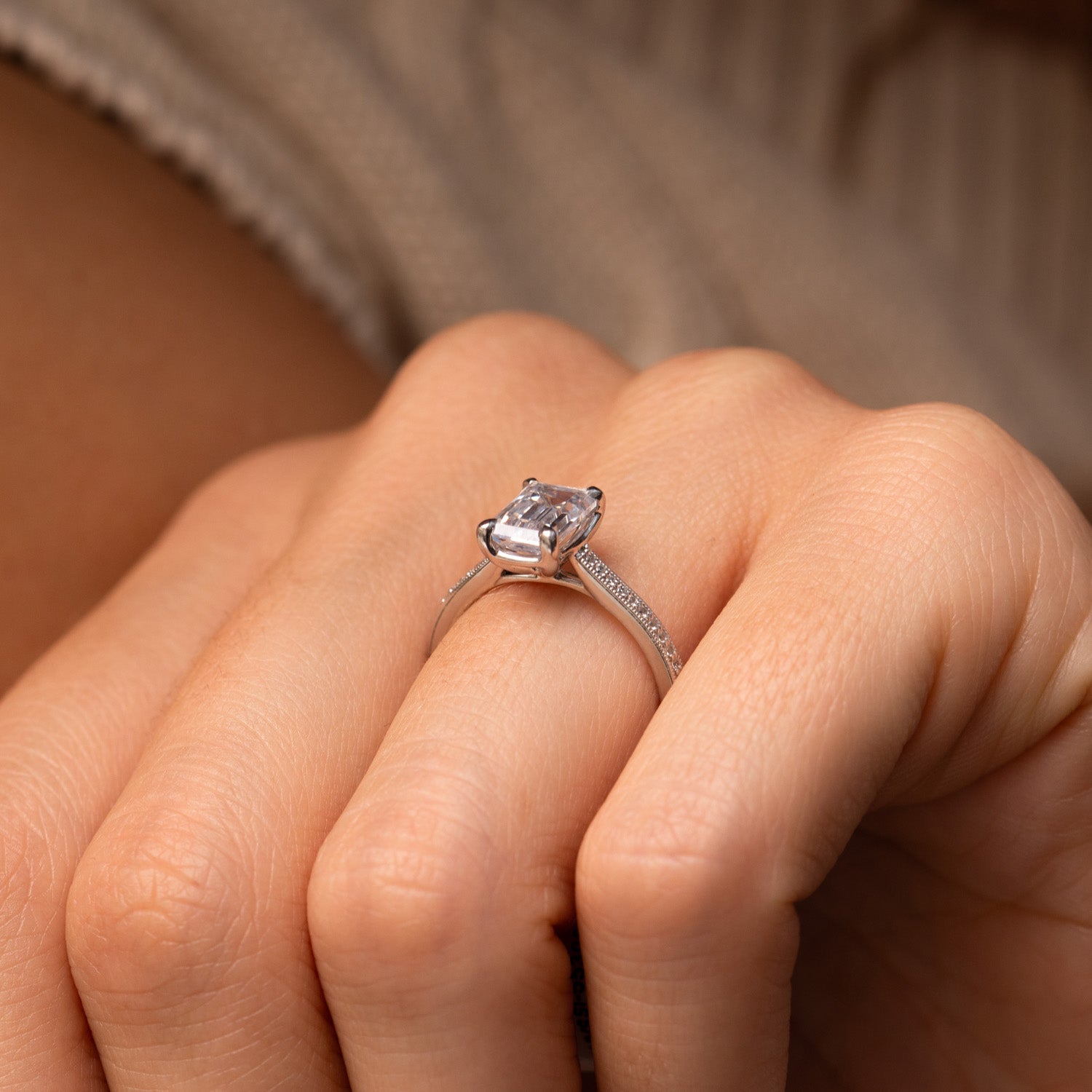 1.09 Carats Emerald Shape Moissanite Pave Engagement Ring