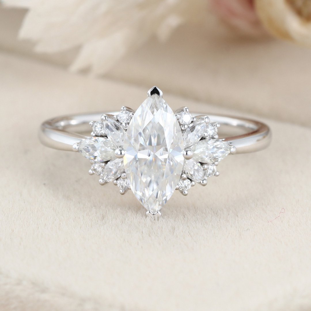1.0 Carats Marquise Shape Moissanite Cluster Engagement Ring