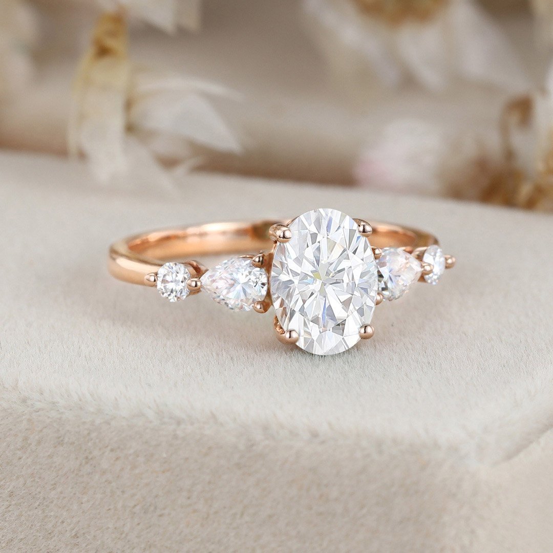 1.50 Carats Oval Shape Moissanite Five Stone Engagement Ring