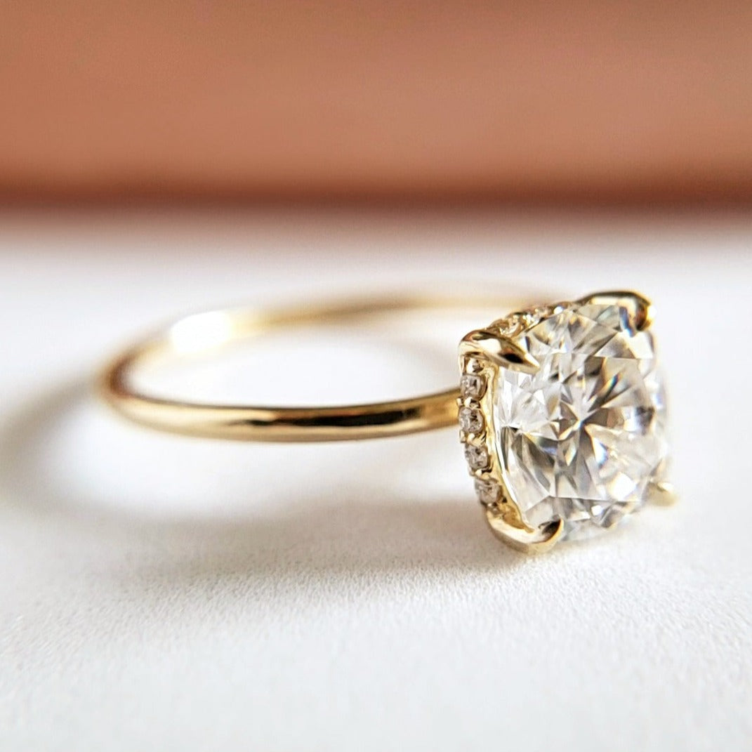 1.25 Carats Cushion Shape Moissanite Hidden Halo Engagement Ring