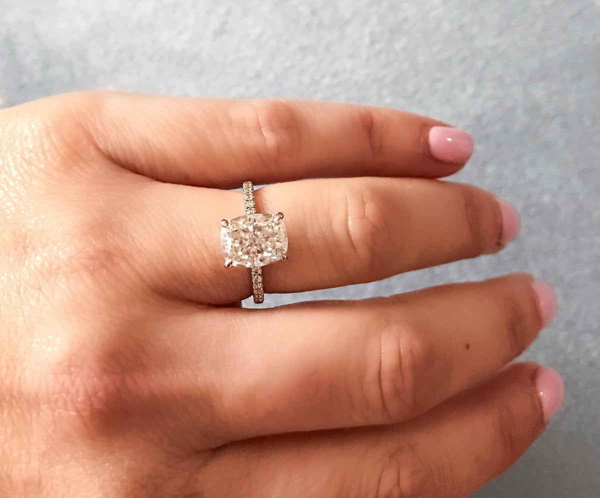 3.0 Carats Cushion Shape Moissanite Pave Engagement Ring