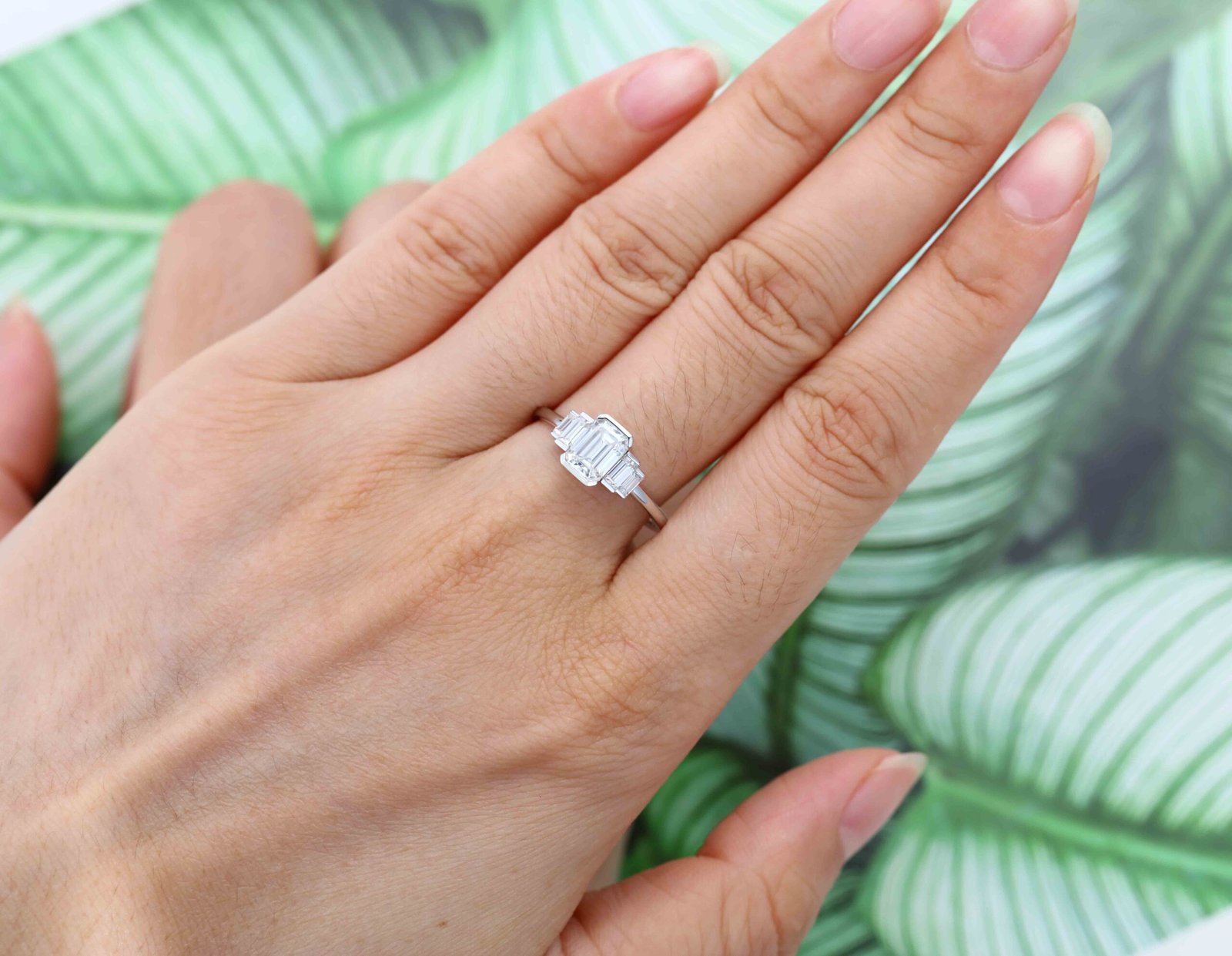 1.0 Carats Emerald Shape Moissanite Five Stone Engagement Ring
