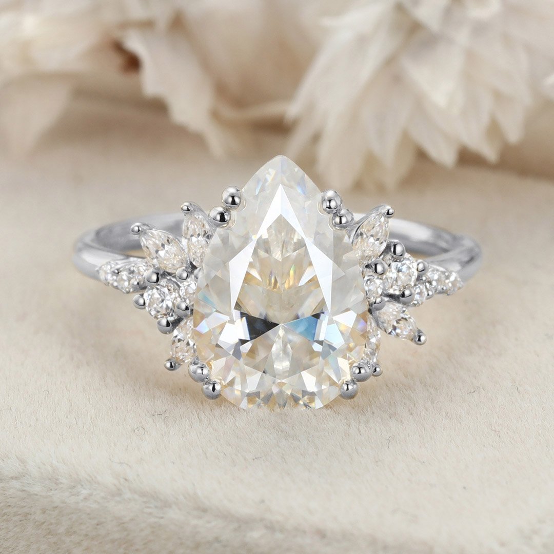 3.0 Carats Pear Shape Moissanite Cluster Engagement Ring