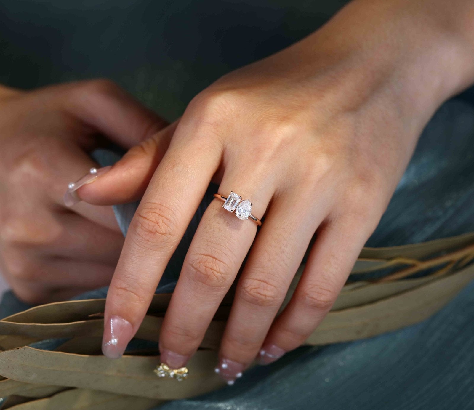 1.40 Carats Pear & Emerald Shape Moissanite Two Stone Engagement Ring