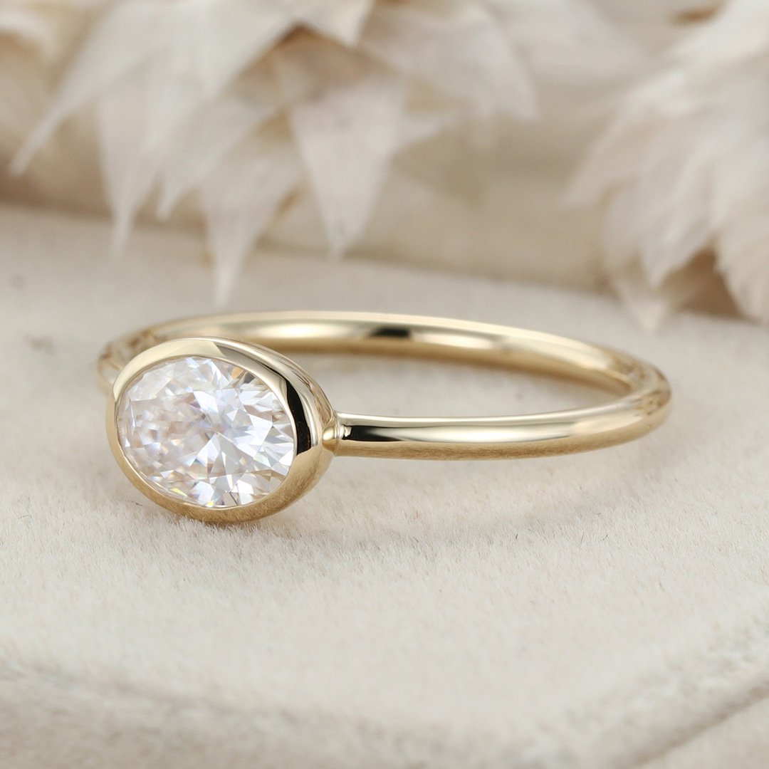 1.0 Carats East West Oval Shape Moissanite Bezel Solitaire Engagement Ring