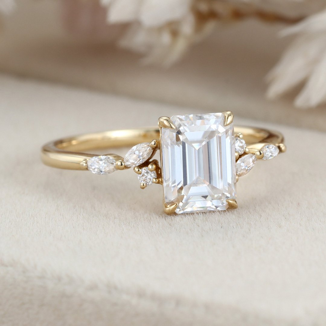 2.0 Carats Emerald Shape Moissanite Cluster Engagement Ring