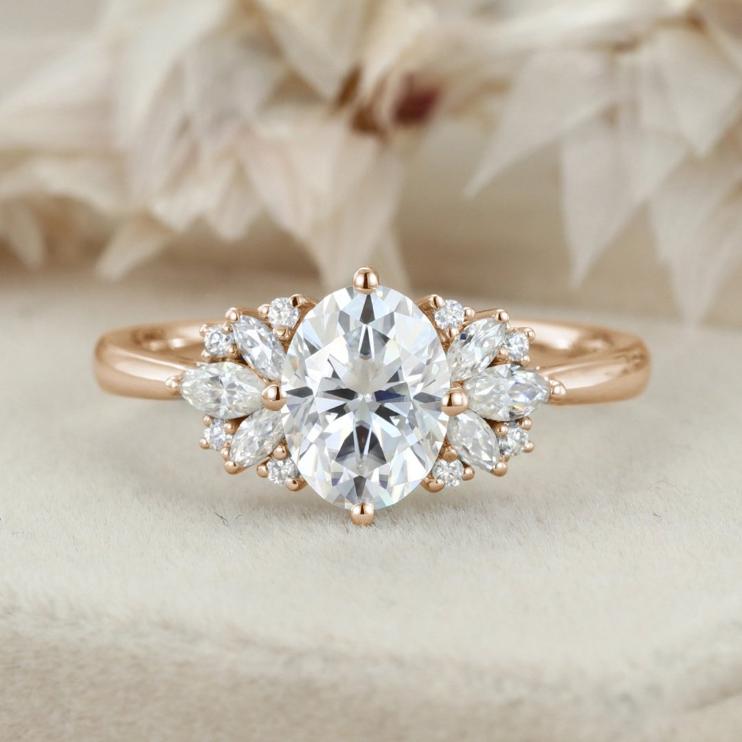 2.0 Carats Oval Shape Moissanite Cluster Engagement Ring