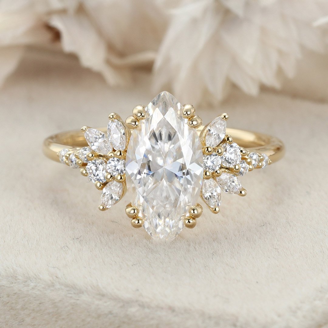1.70 Carats Marquise Shape Moissanite Cluster Engagement Ring