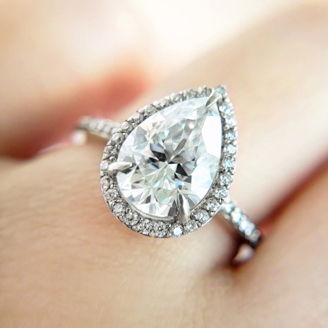 2.10 Carats Pear Shape Moissanite Halo & Pave Engagement Ring