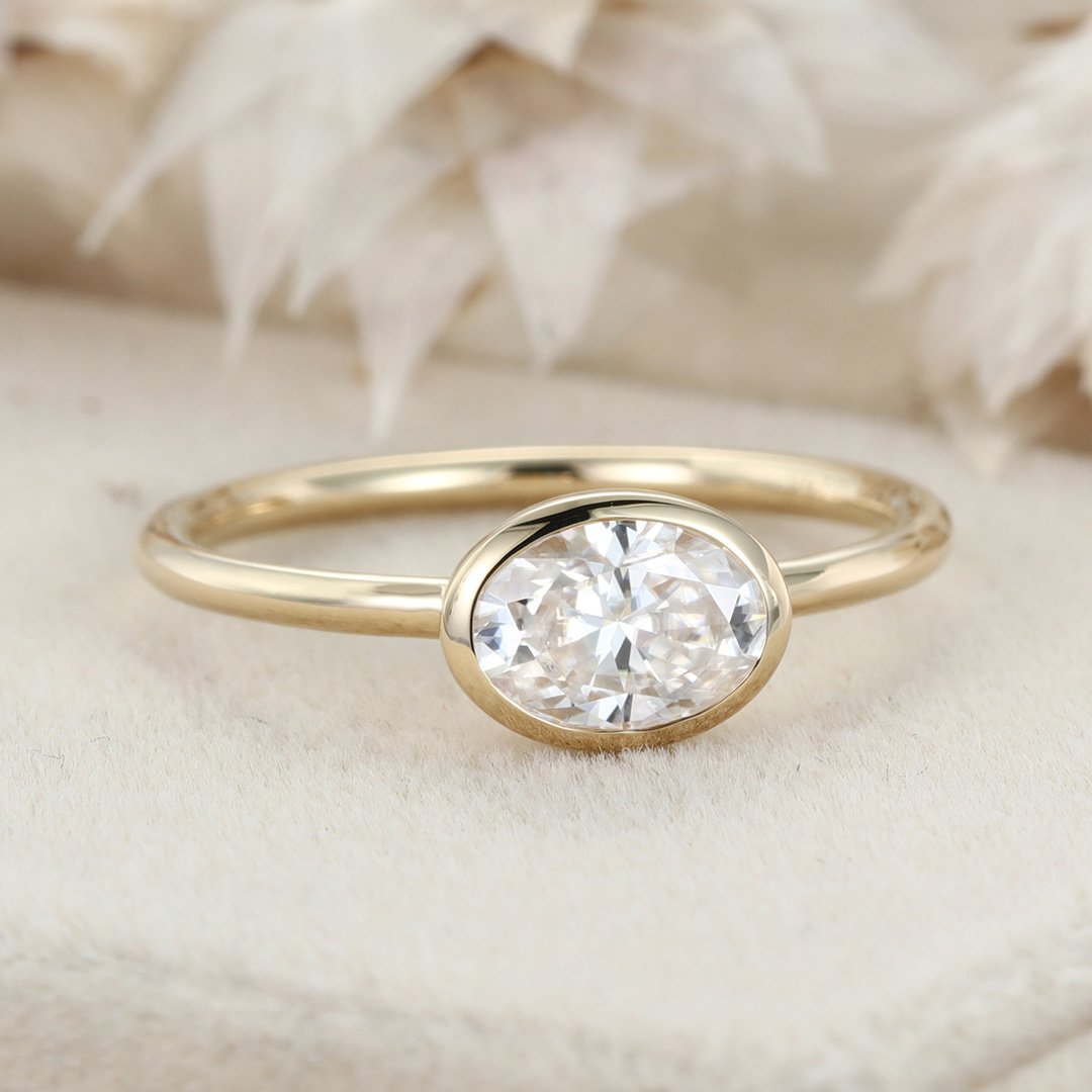 1.0 Carats East West Oval Shape Moissanite Bezel Solitaire Engagement Ring