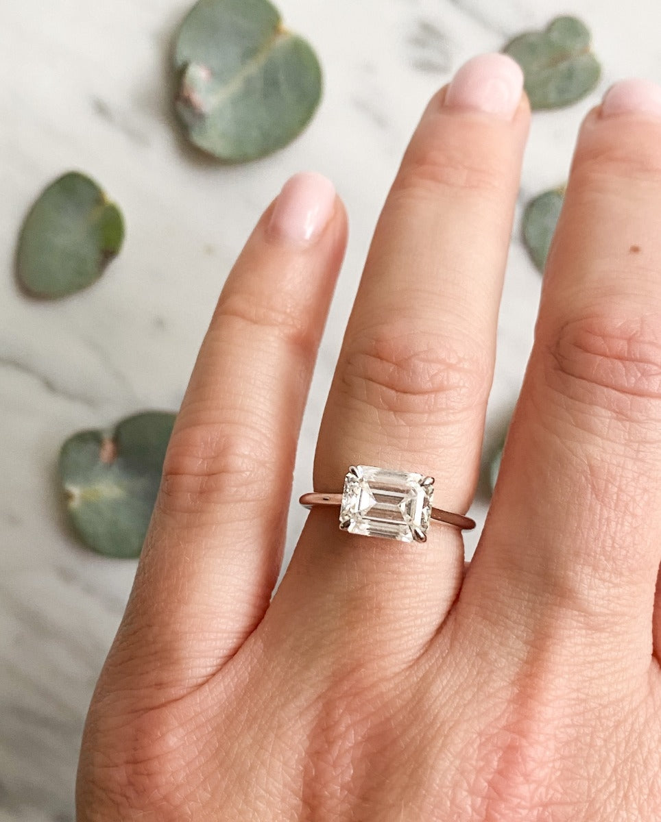 3.0 Carats East West Emerald Shape Moissanite Solitaire Engagement Ring