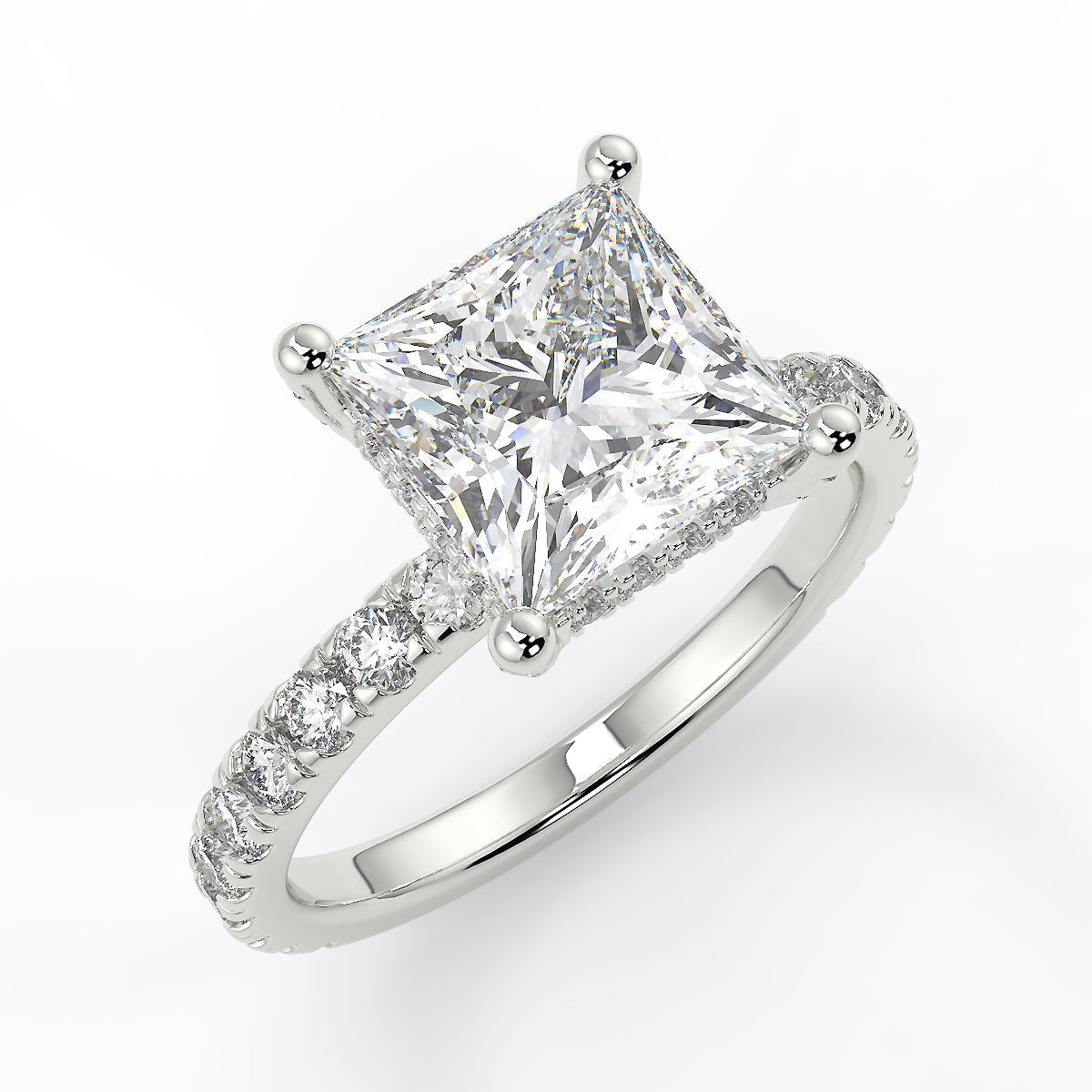 2.20 Carats Princess Shape Moissanite Hidden Halo & Pave Engagement Ring