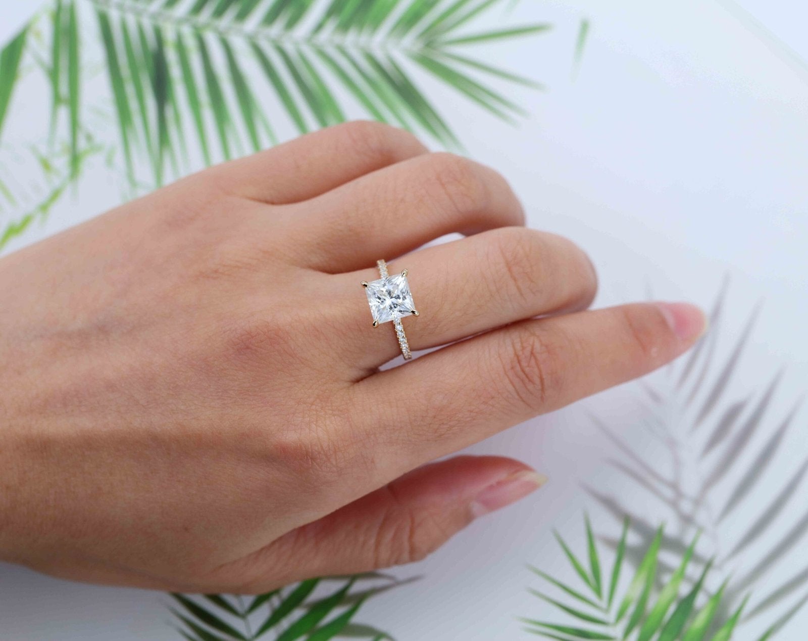 3.0 Carats Princess Shape Moissanite Hidden Halo & Pave Engagement Ring