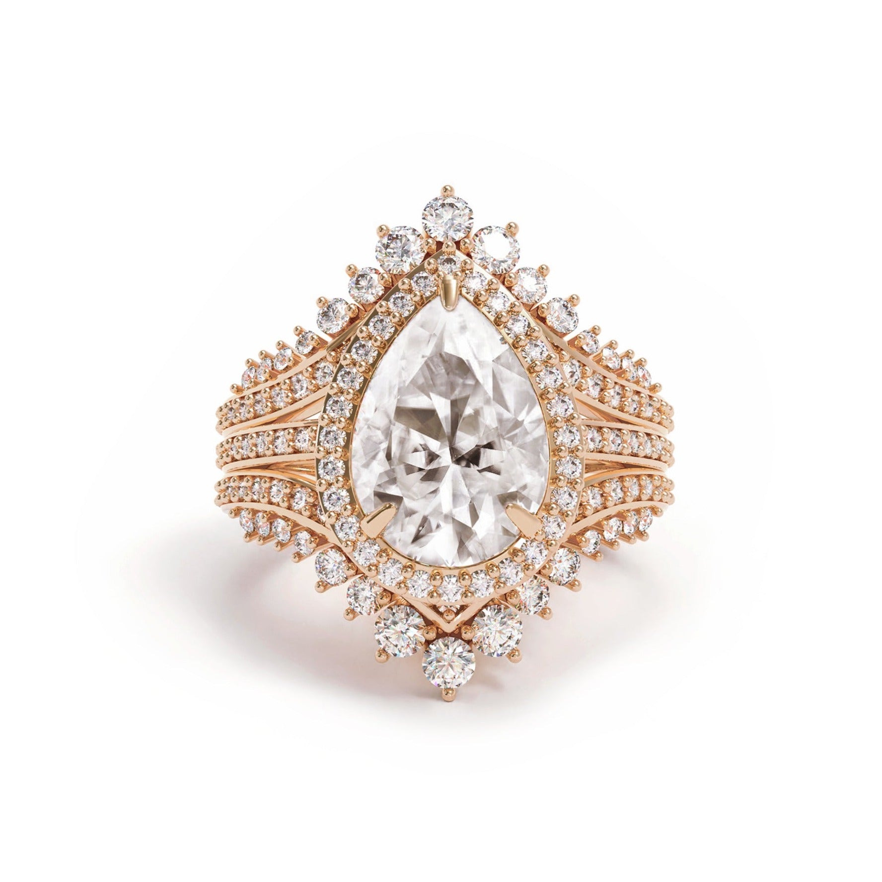 2.10 Carats Pear Shape Moissanite Halo & Pave Engagement Ring