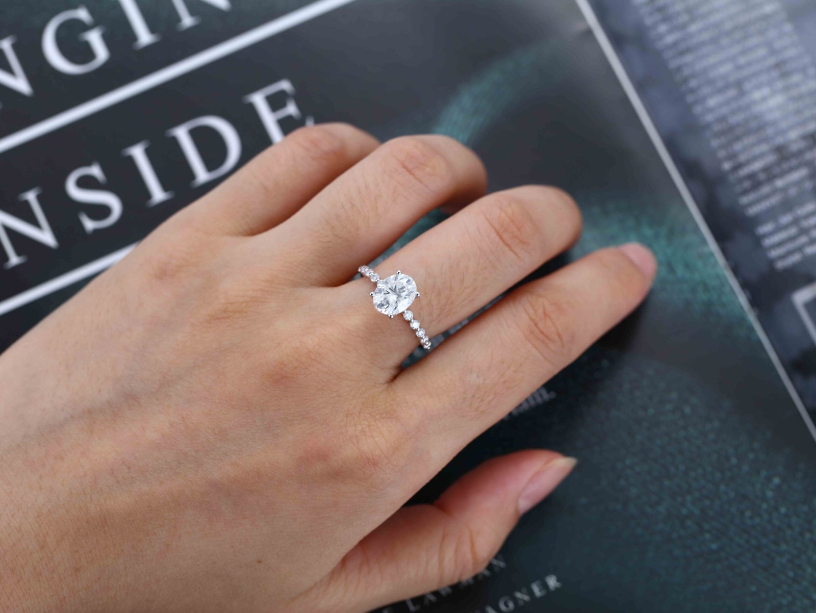 2.0 Carats Oval Shape Moissanite Hidden Halo & Pave Engagement Ring