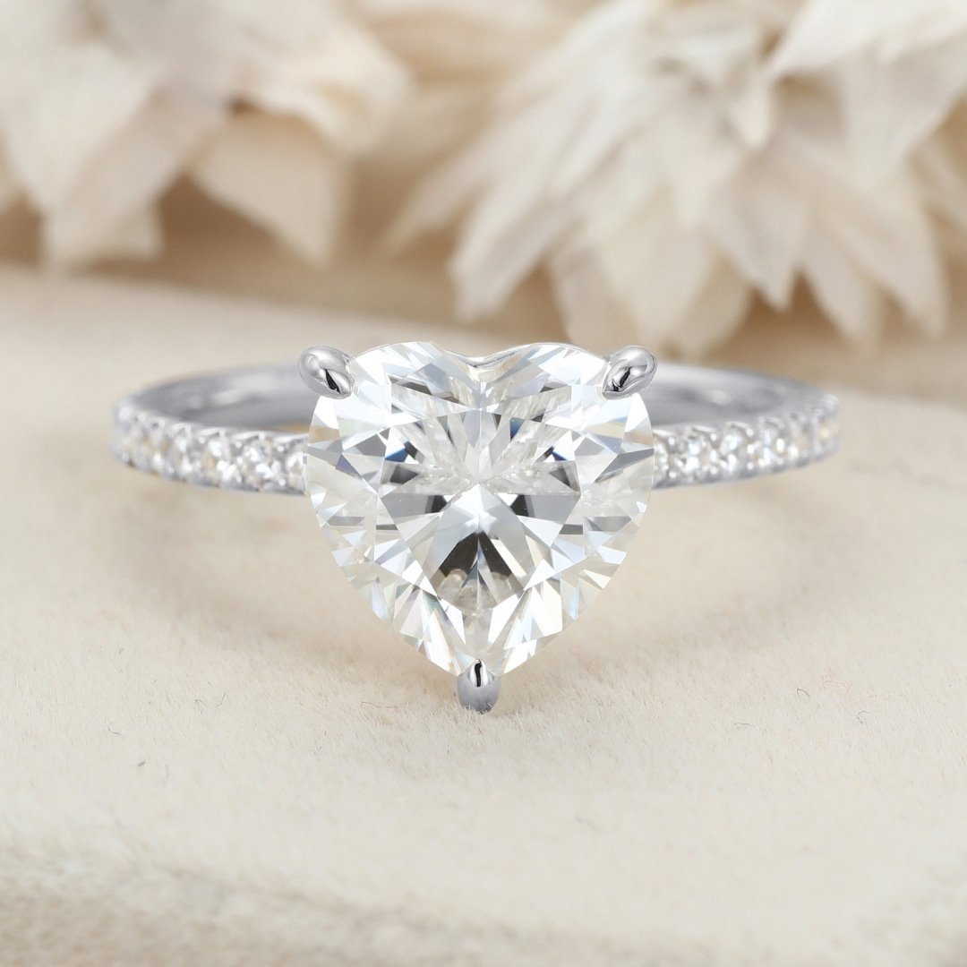 3.0 Carats Heart Shape Moissanite Hidden Halo & Pave Engagement Ring