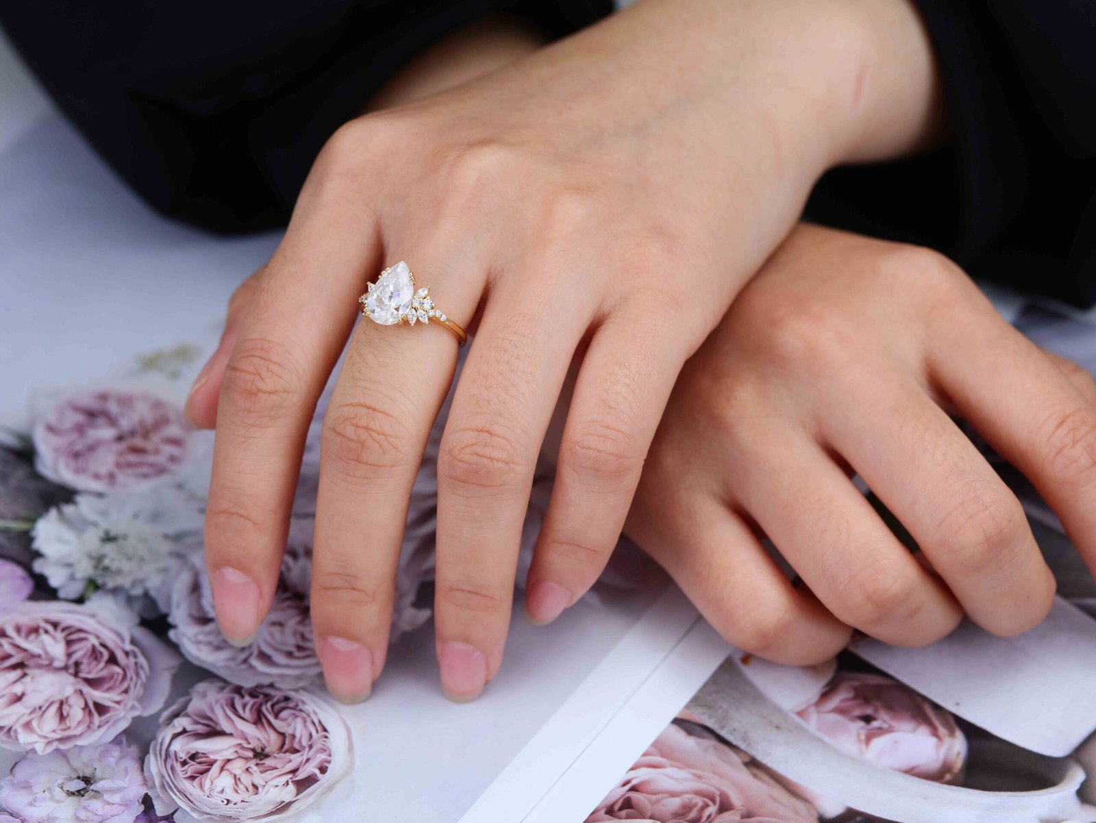 3.0 Carats Pear Shape Moissanite Cluster Engagement Ring