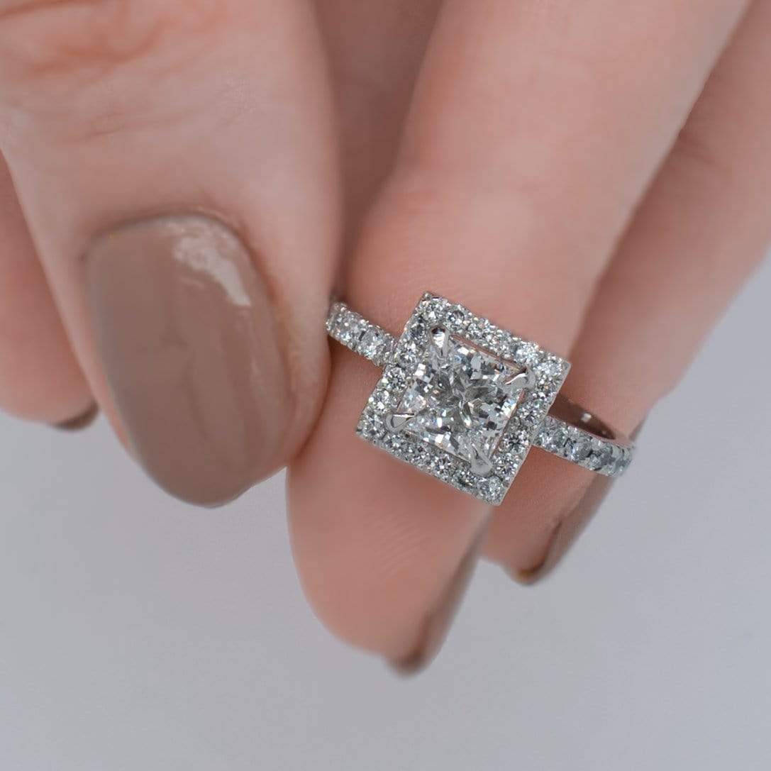1.03 Carats Princess Shape Moissanite Halo & Pave Engagement Ring