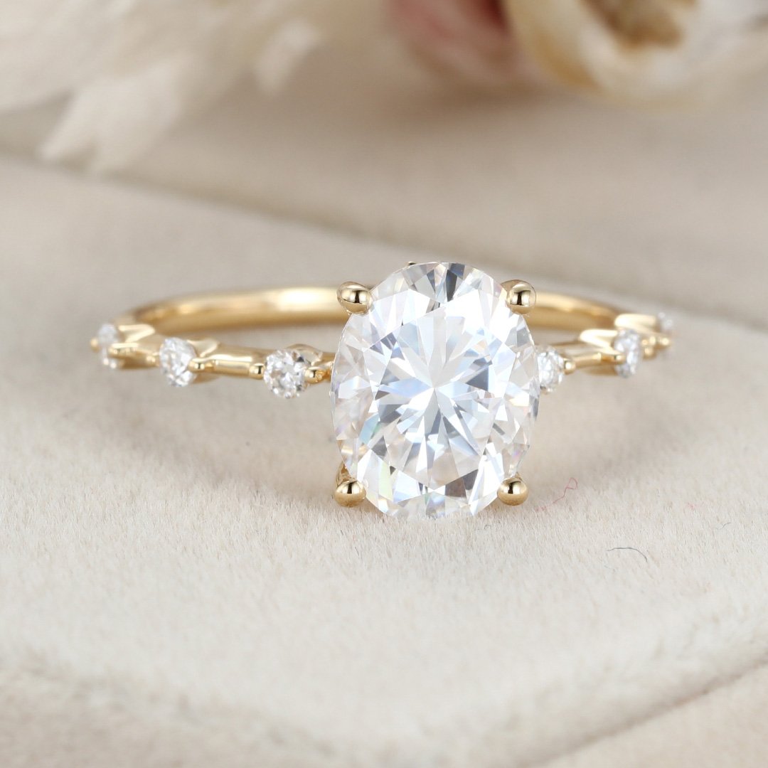 2.0 Carats Oval Shape Moissanite Dainty Pave Engagement Ring