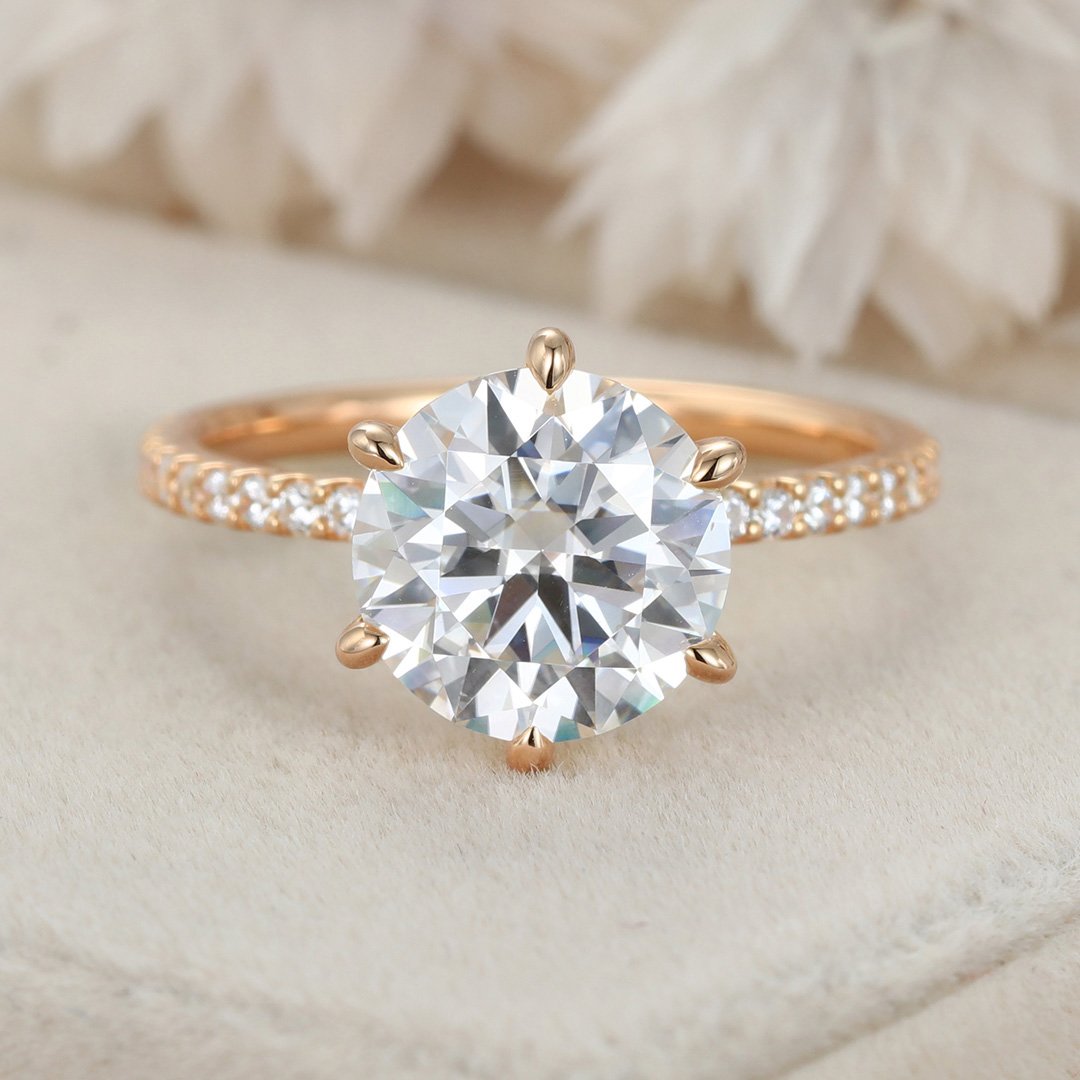 3.0 Carats Round Shape Moissanite Hidden Halo & Pave Engagement Ring