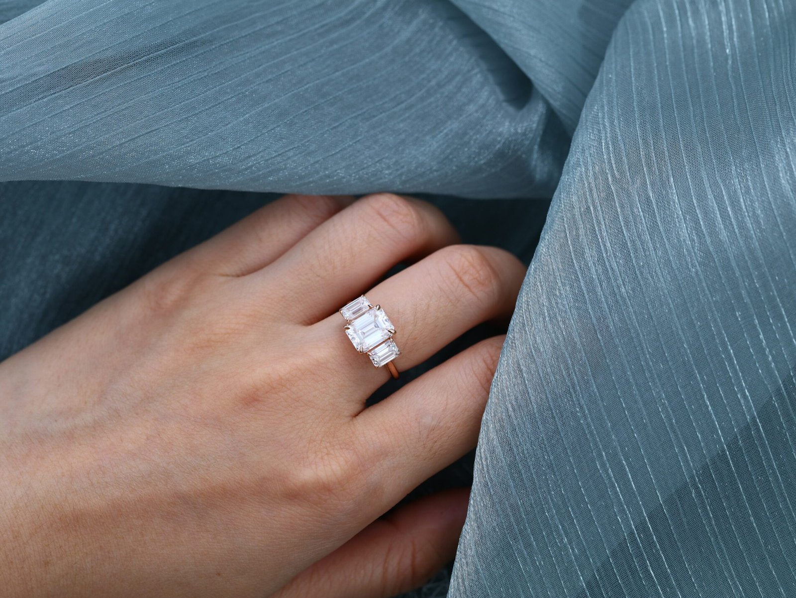 2.5 Carats Emerald Shape Moissanite Three Stone Engagement Ring