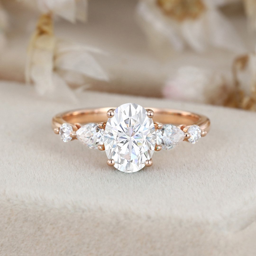 1.50 Carats Oval Shape Moissanite Five Stone Engagement Ring