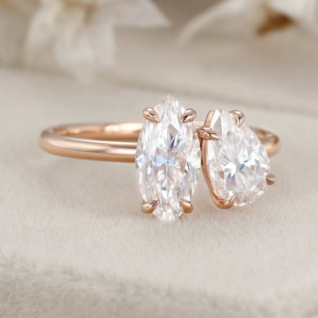 2.0 Carats Pear & Marquise Shape Moissanite Two Stone Engagement Ring