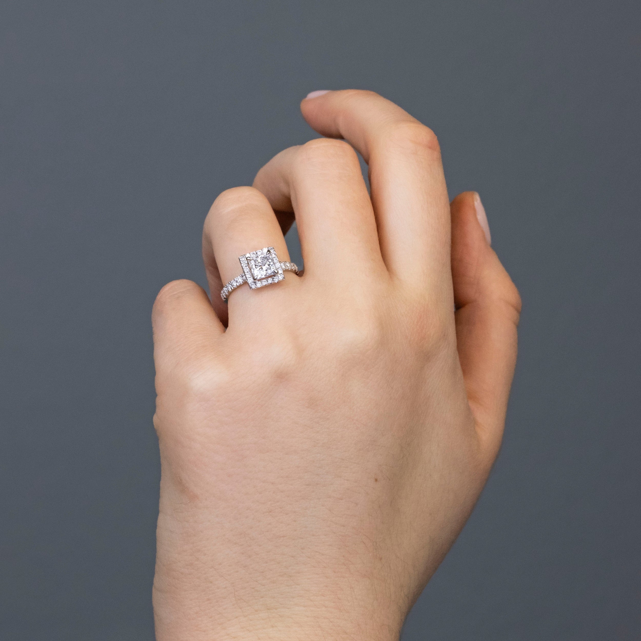1.03 Carats Princess Shape Moissanite Halo & Pave Engagement Ring