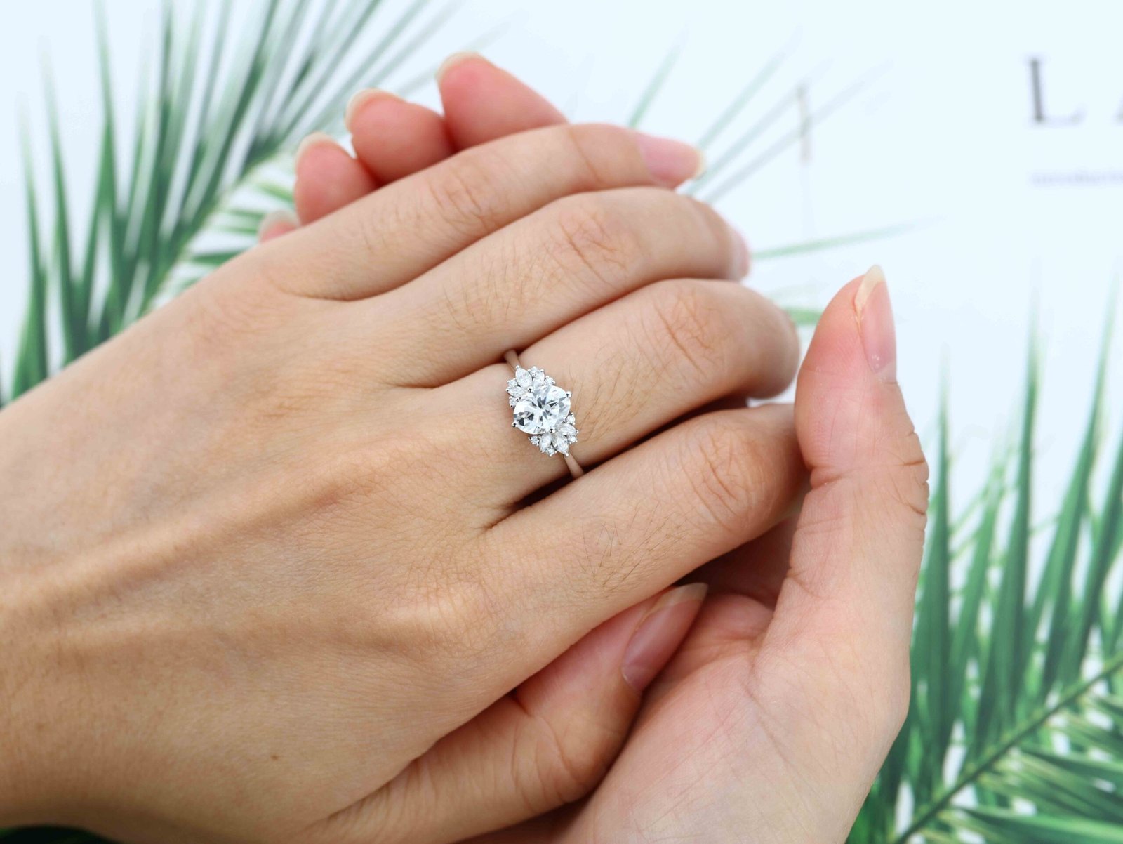 2.0 Carats Oval Shape Moissanite Cluster Engagement Ring