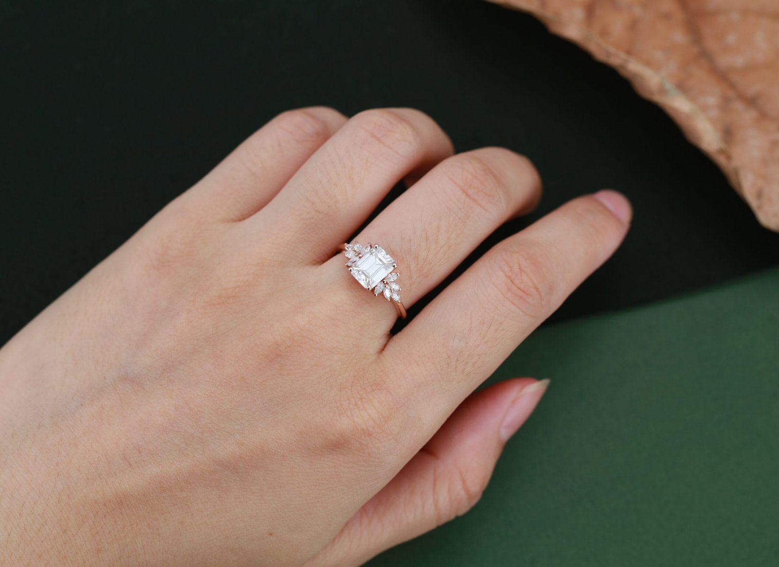 2.0 Carats Emerald Shape Moissanite Cluster Engagement Ring