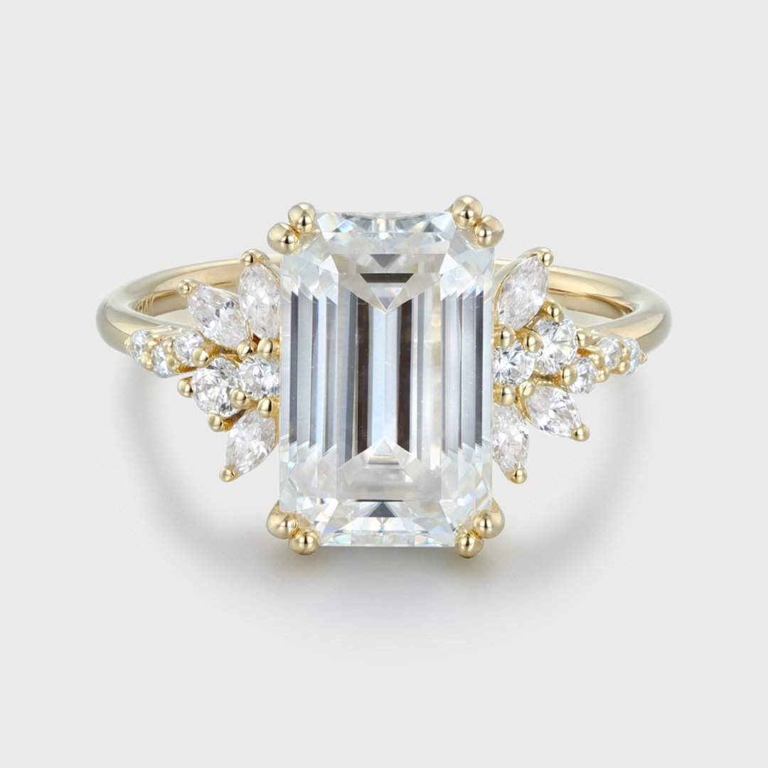 3.40 Carats Emerald Shape Moissanite Cluster Engagement Ring