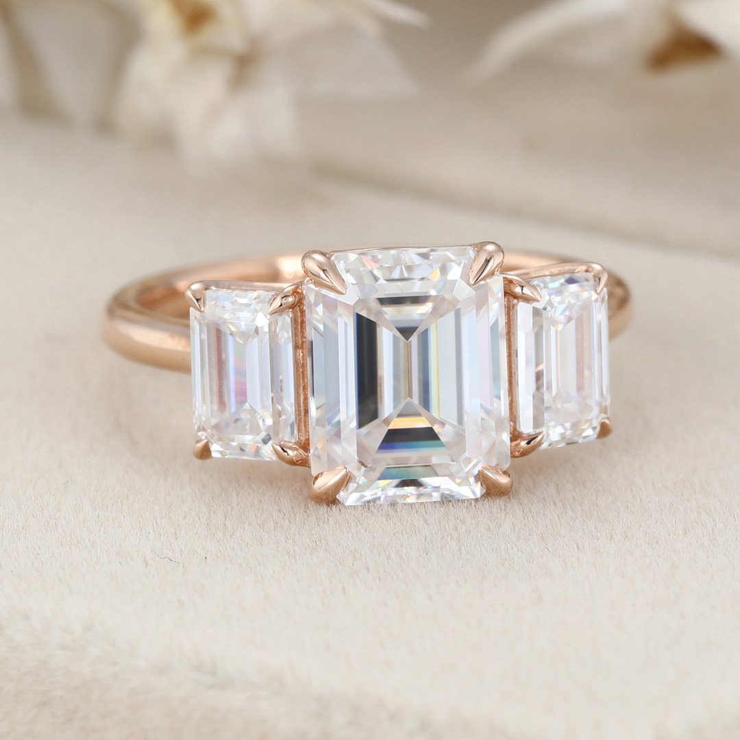 2.5 Carats Emerald Shape Moissanite Three Stone Engagement Ring