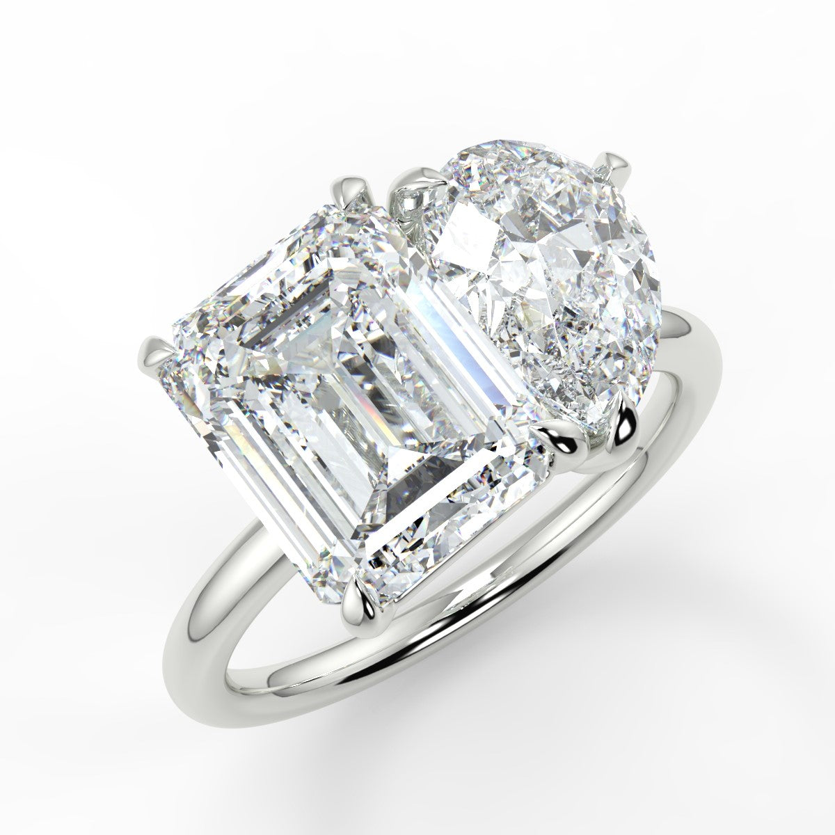 3.75 Carats Emerald & Pear Shape Moissanite Two Stone Engagement Ring