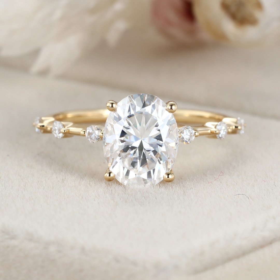 2.0 Carats Oval Shape Moissanite Dainty Pave Engagement Ring