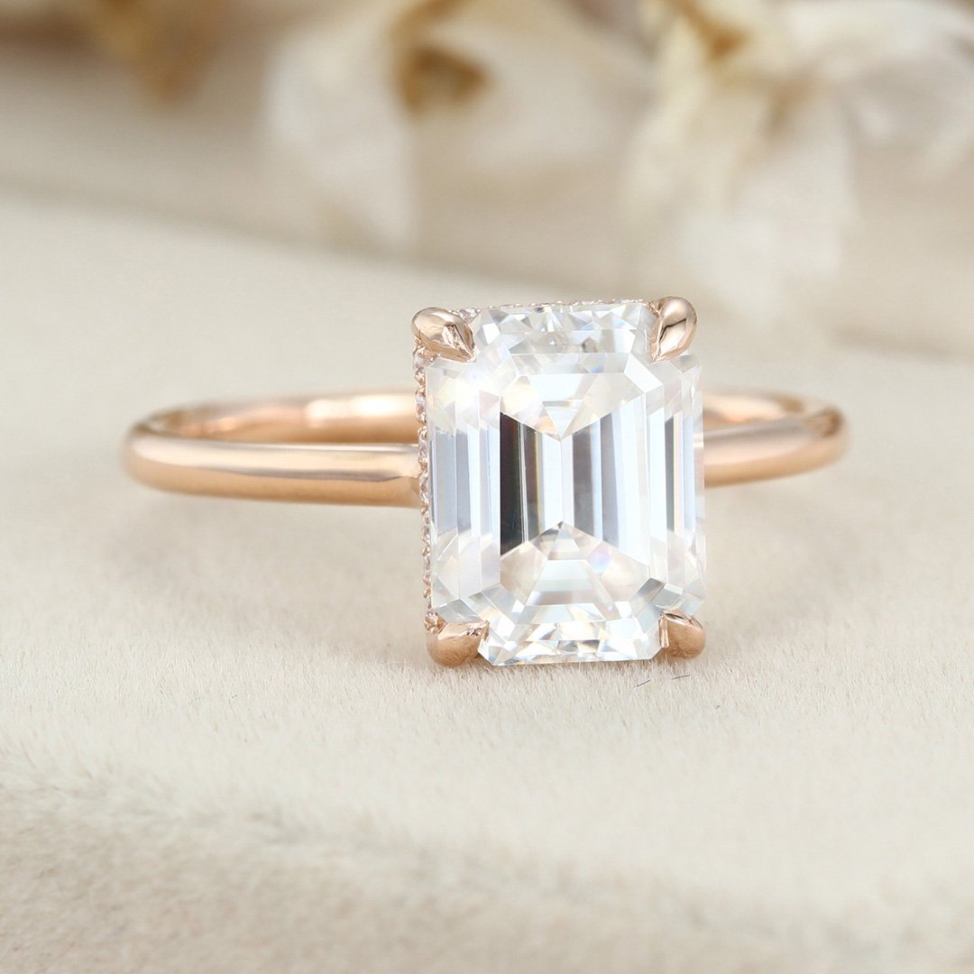 2.5 Carats Emerald Shape Moissanite Hidden Halo Engagement Ring