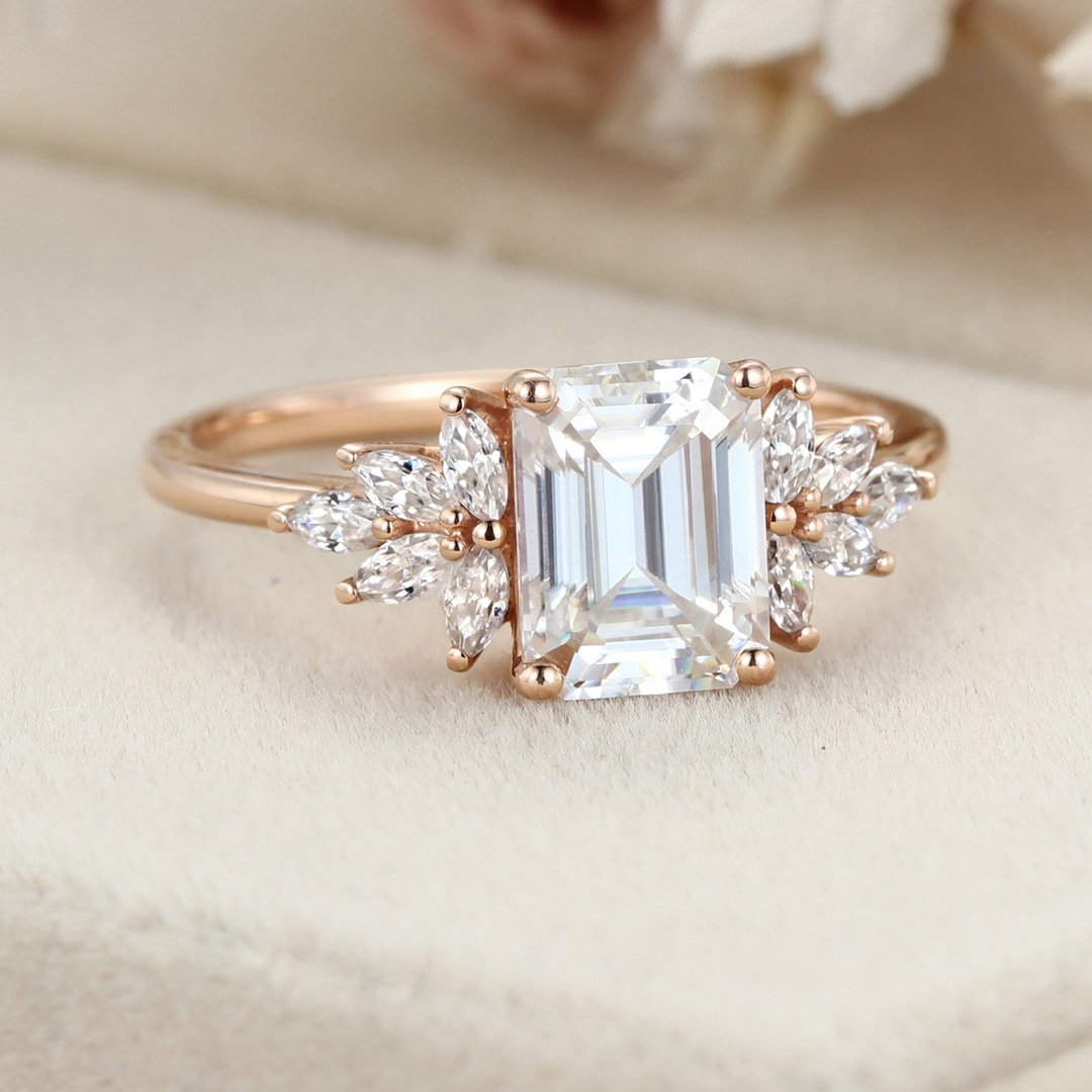 2.0 Carats Emerald Shape Moissanite Cluster Engagement Ring