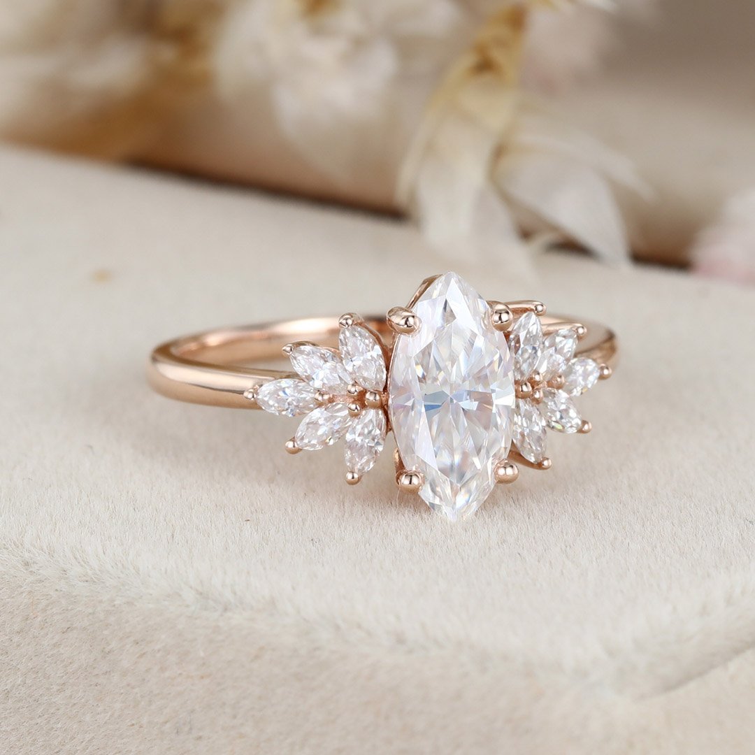 1.0 Carats Marquise Shape Moissanite Cluster Engagement Ring