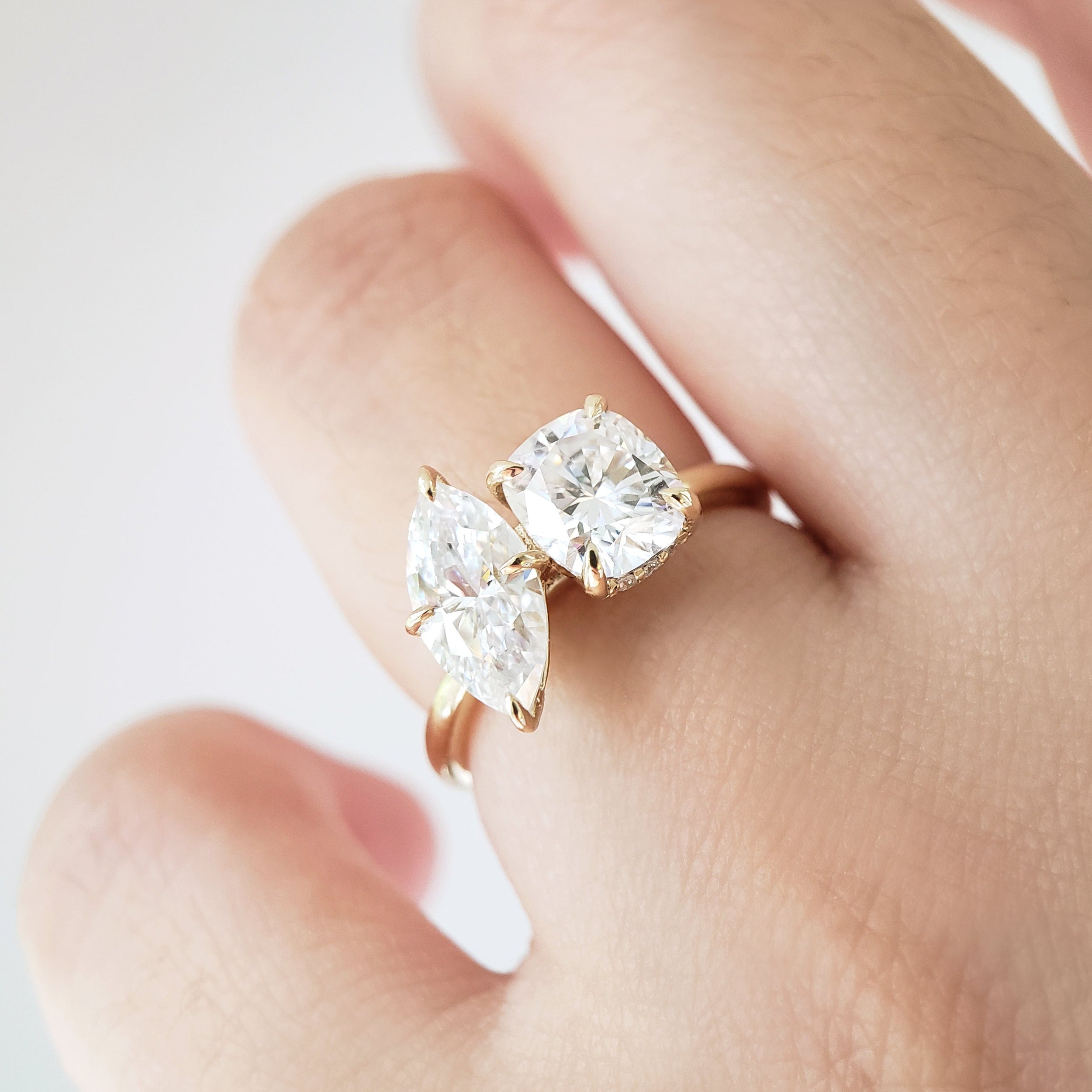 1.25 Carats Marquise & Cushion Shape Moissanite Two Stone Engagement Ring