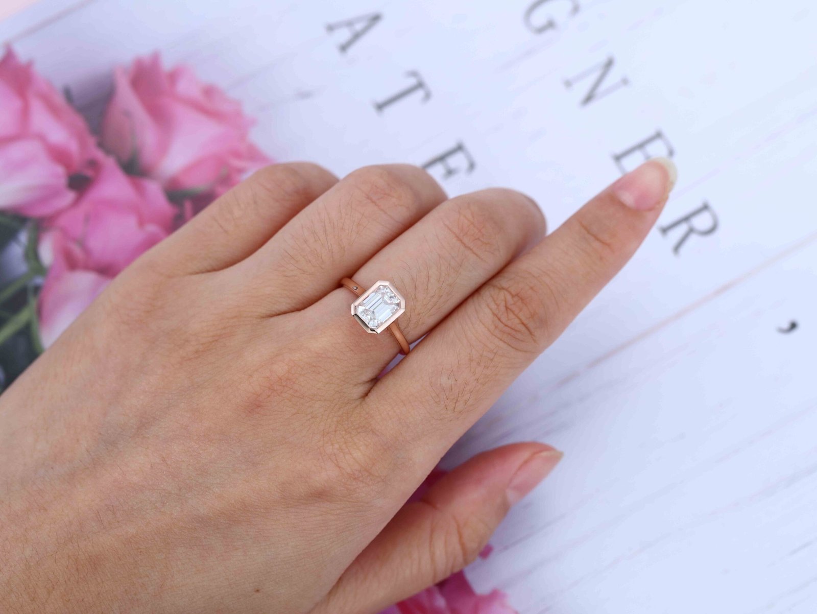 2.0 Carats Emerald Shape Moissanite Bezel Solitaire Engagement Ring