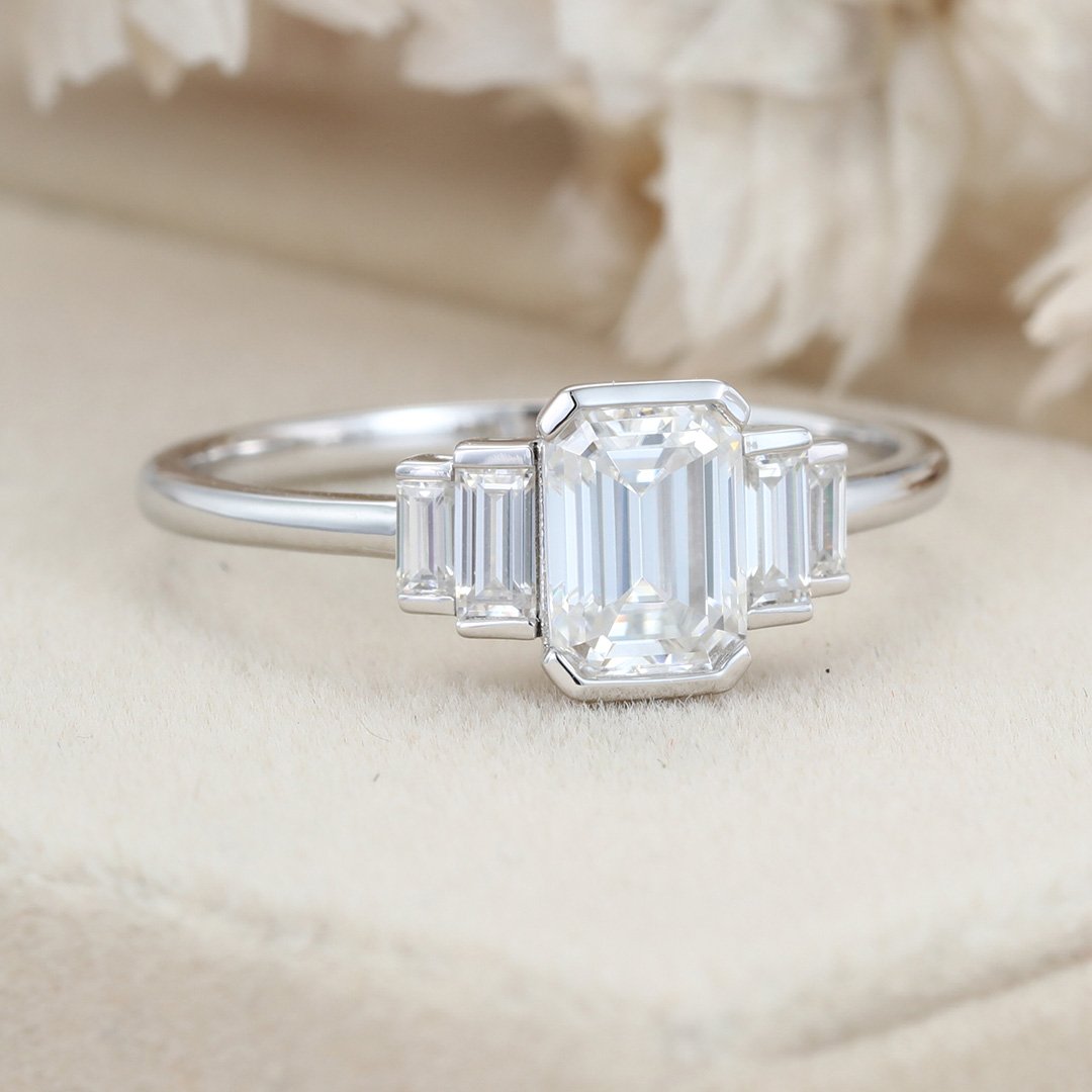1.0 Carats Emerald Shape Moissanite Five Stone Engagement Ring