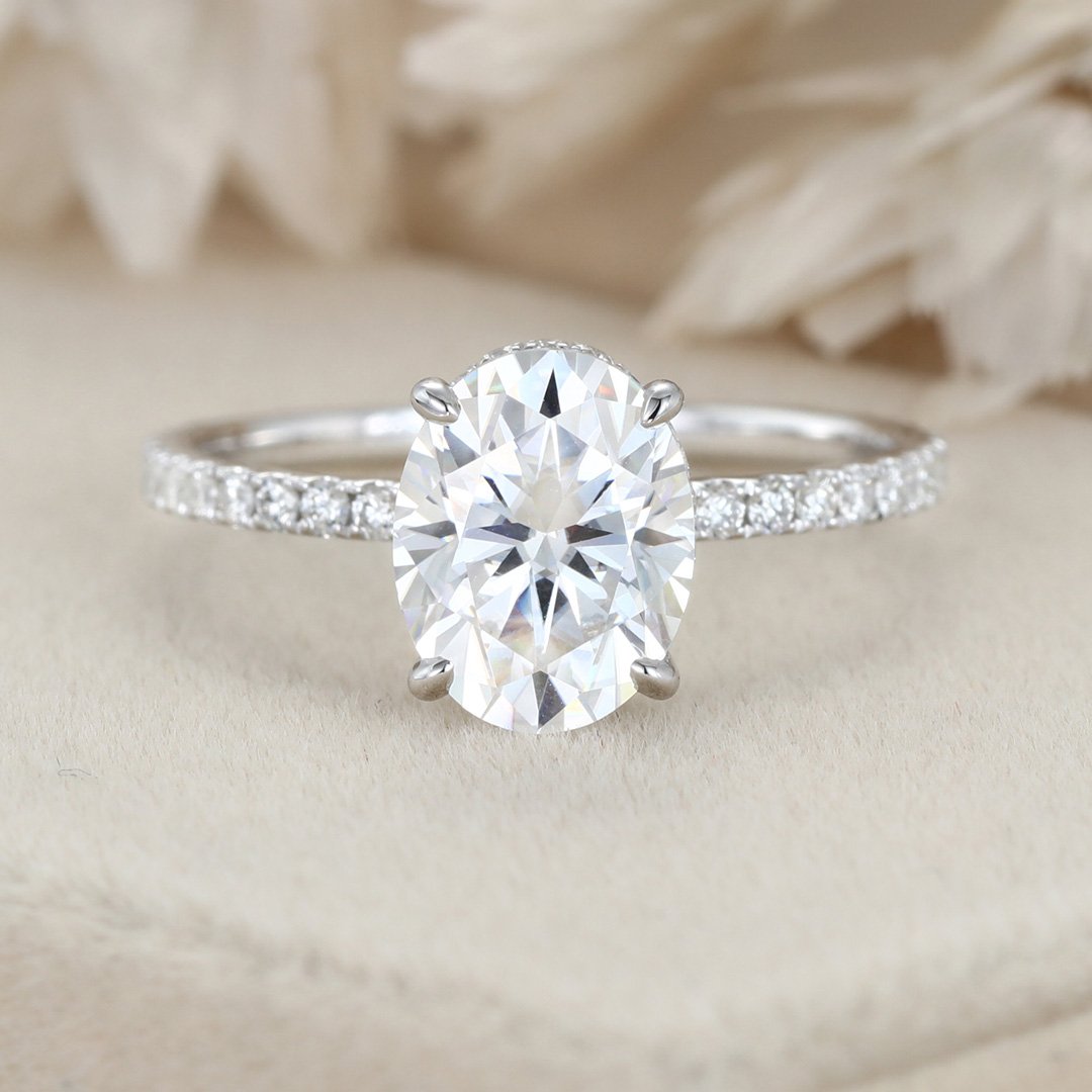 2.0 Carats Oval Shape Moissanite Hidden Halo & Pave Engagement Ring